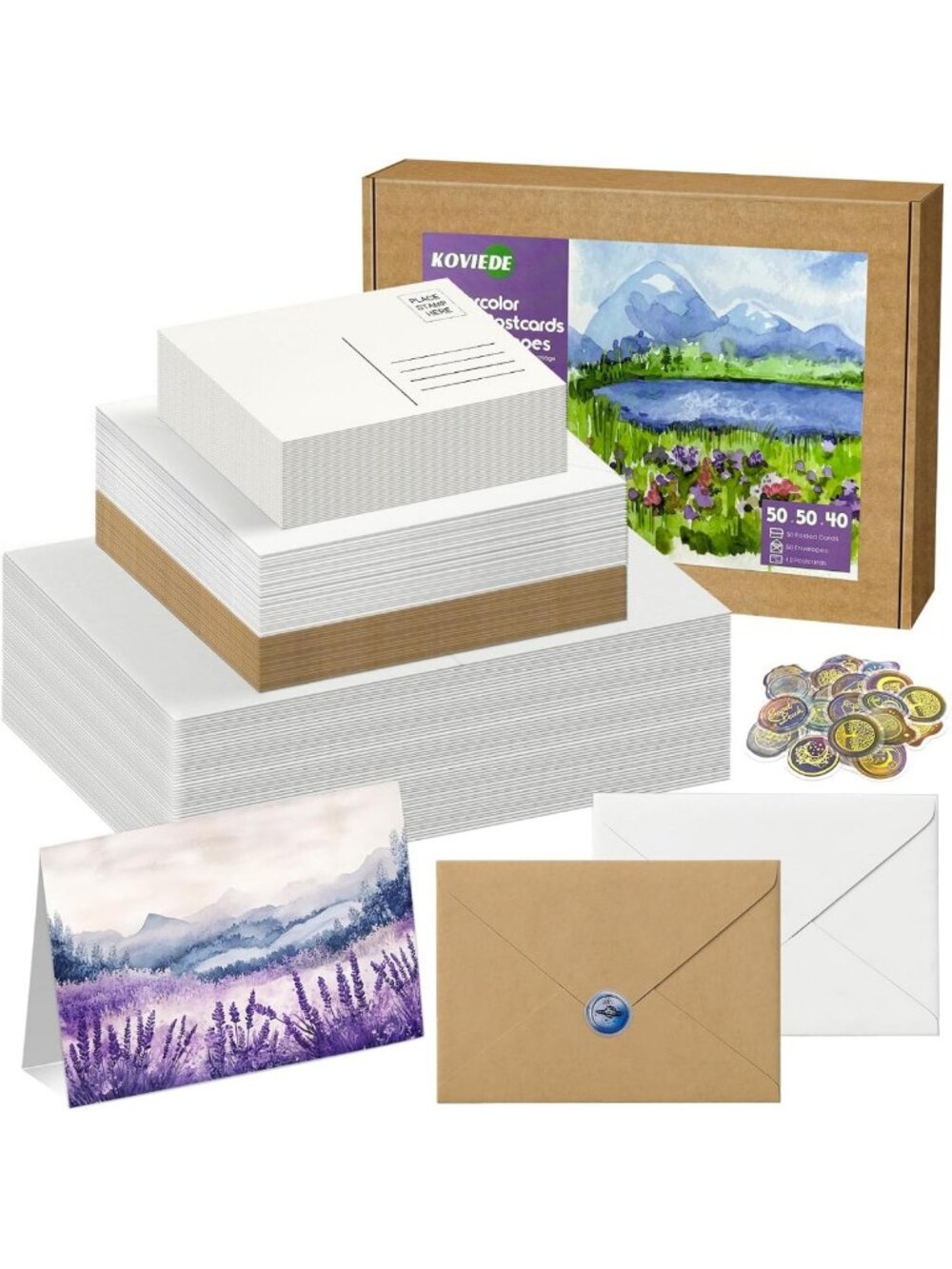 50 Pack Foldable Watercolor Cards with Envelopes 5"X7